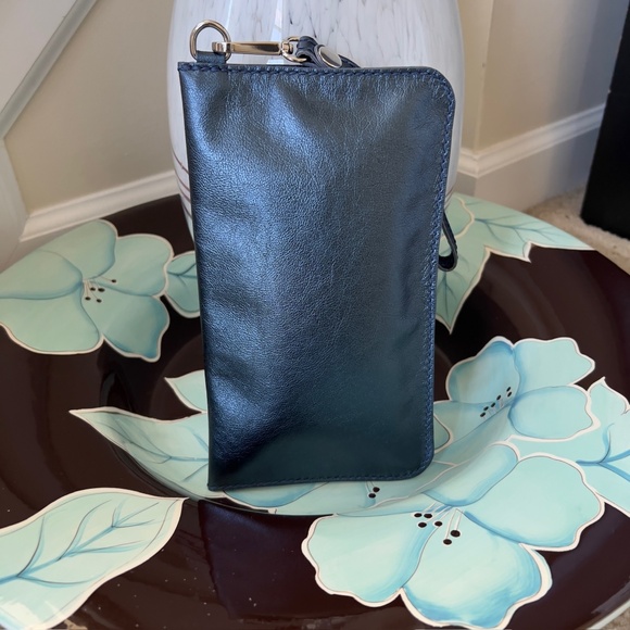 Handmade Blue Metallic Leather Clutch, Detachable Strap, Nickel Hardware, NWT - Picture 4 of 13